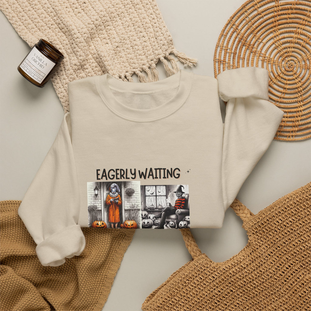 Eagerly Waiting Halloween Crewneck Sweatshirt — Vintage Haunted Collage