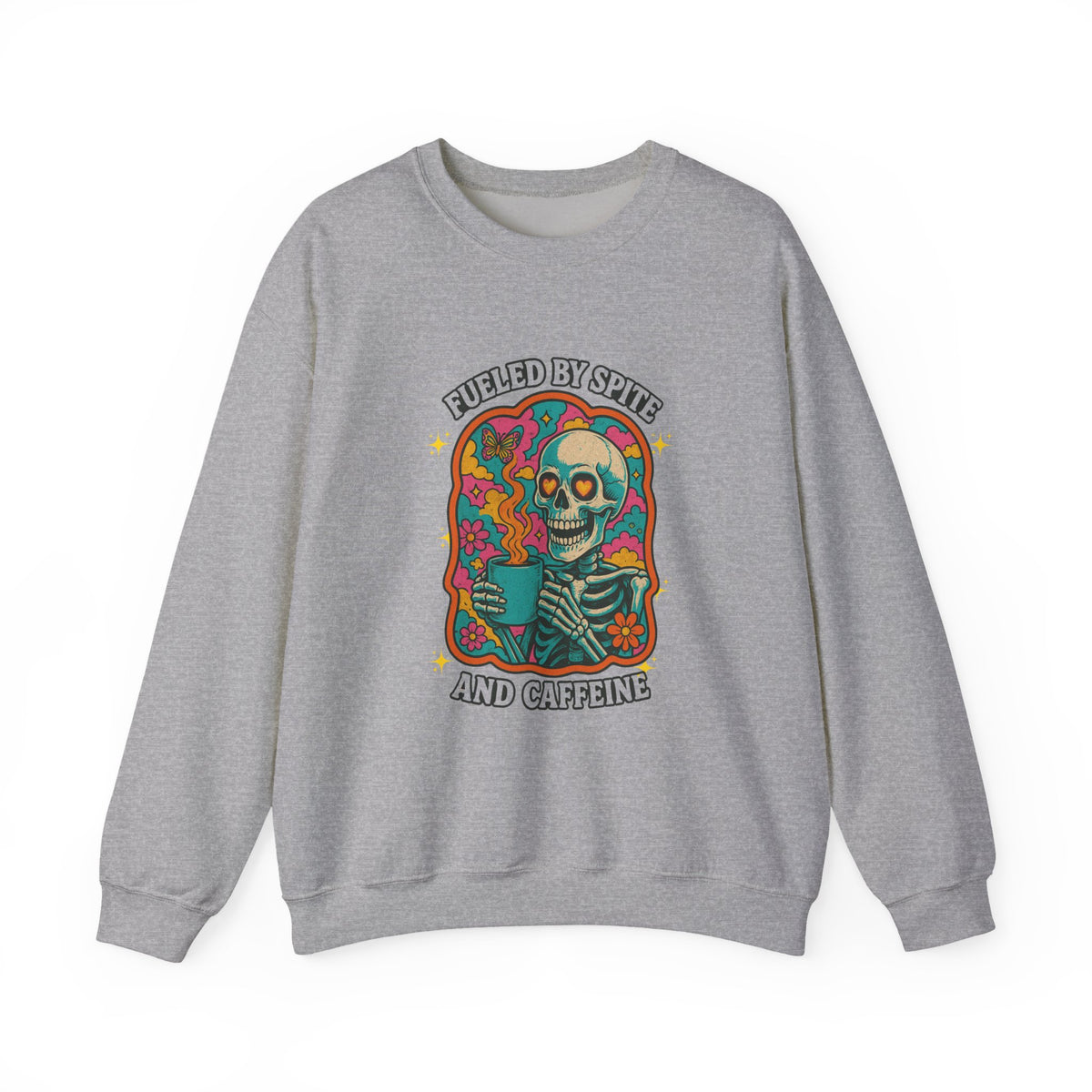 Fueled by Spite and Caffeine Sweatshirt — Retro Skeleton Coffee Crewneck