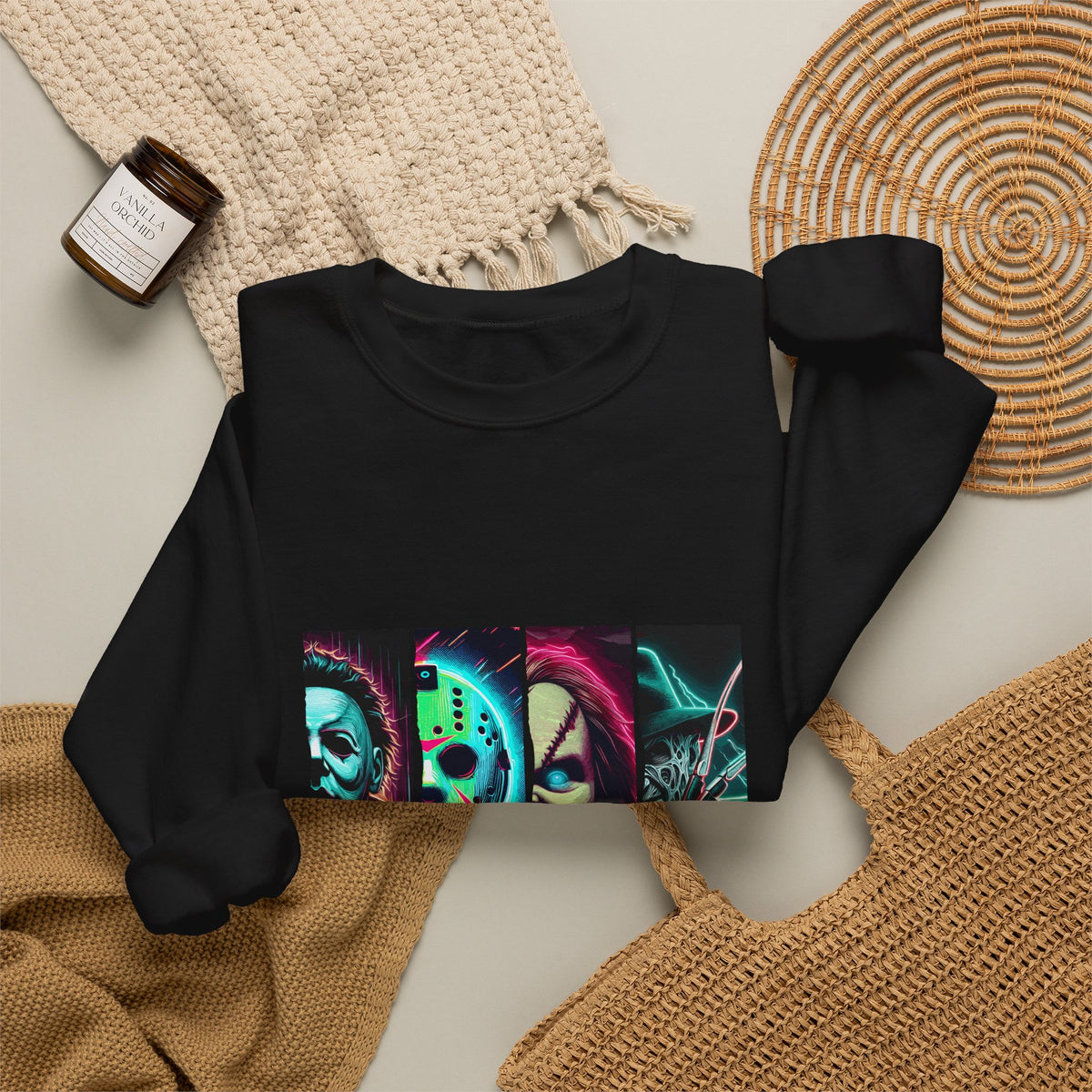 Horror Characters 'Friends' Graphic Sweatshirt – Retro Neon Slasher Crewneck