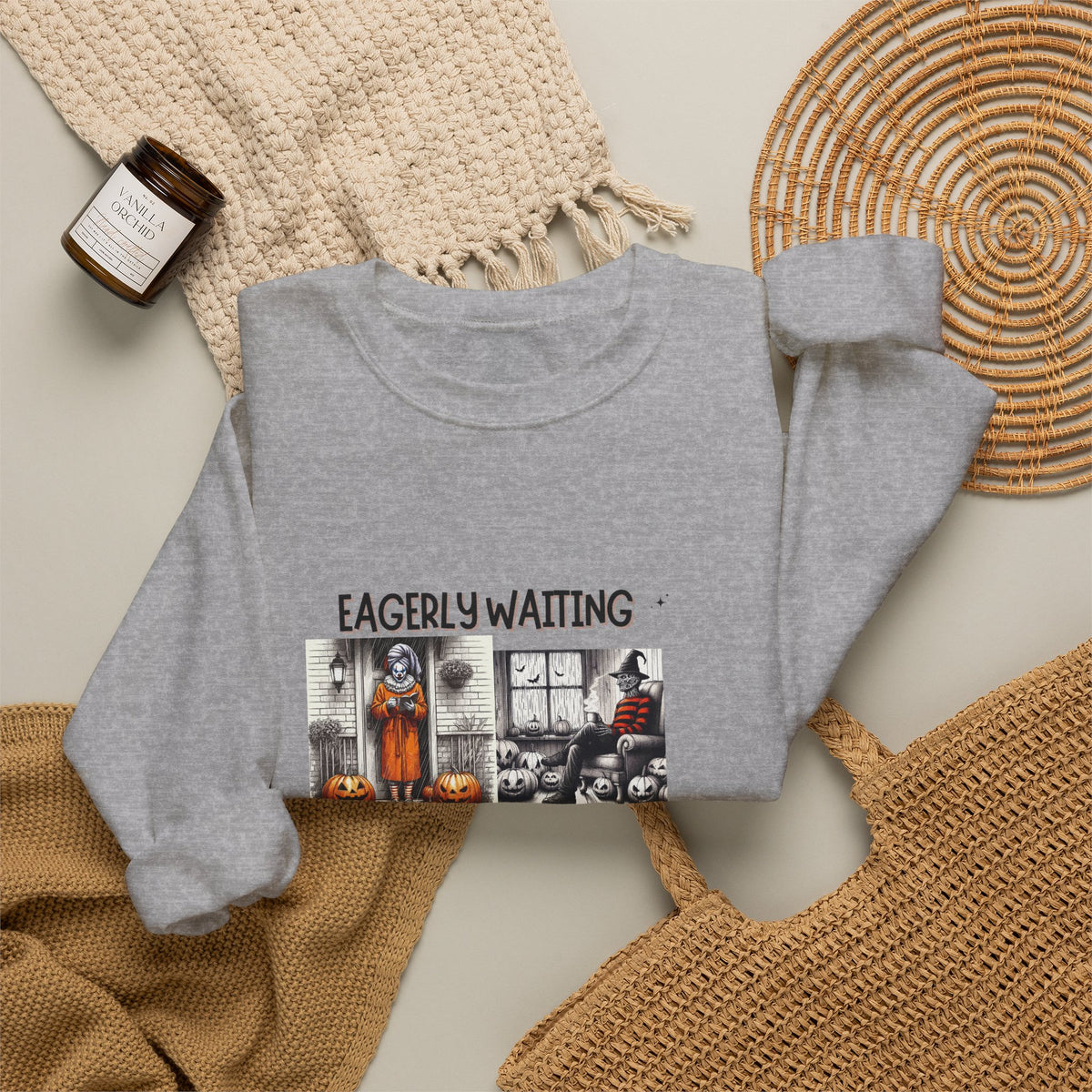 Eagerly Waiting Halloween Crewneck Sweatshirt — Vintage Haunted Collage