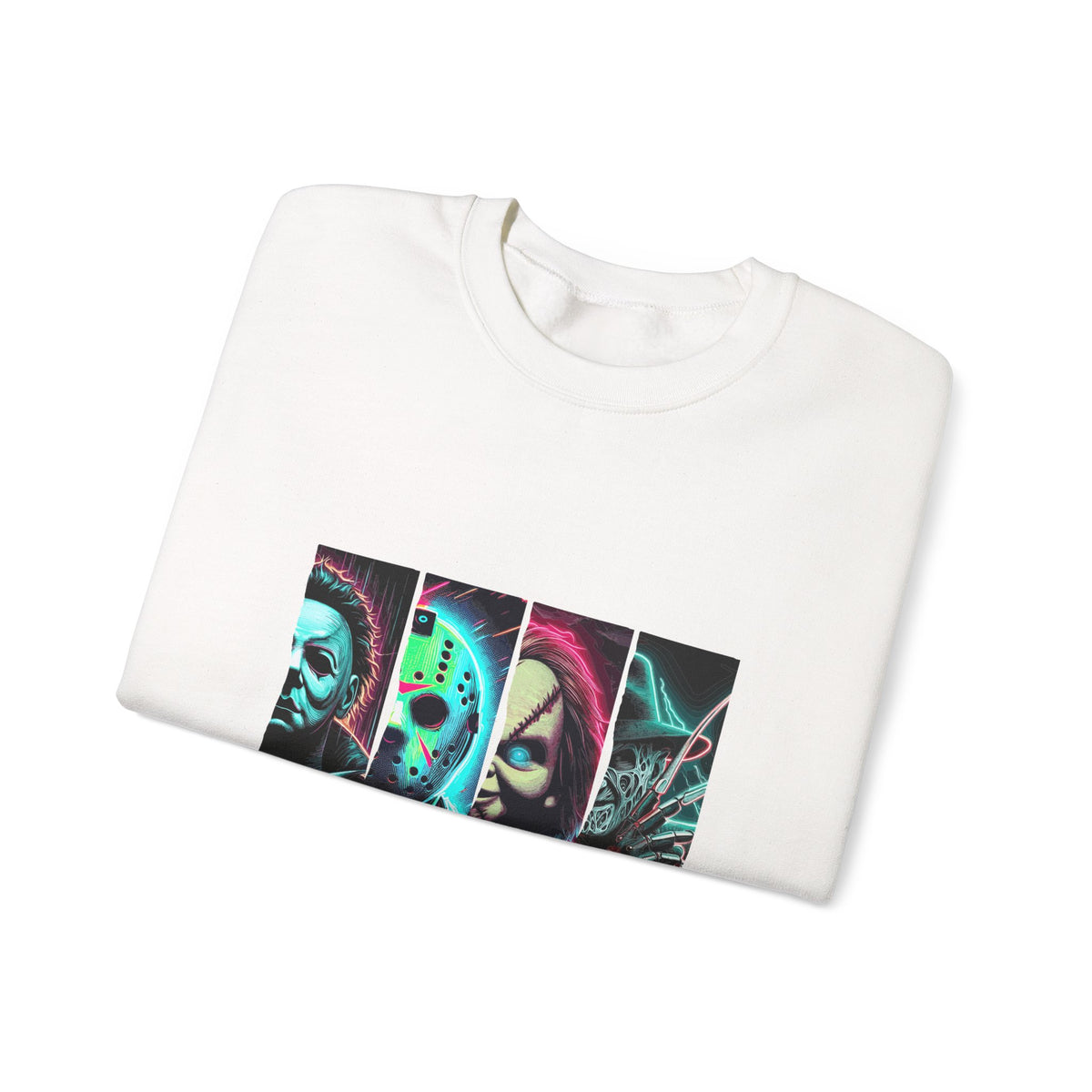 Horror Characters 'Friends' Graphic Sweatshirt – Retro Neon Slasher Crewneck