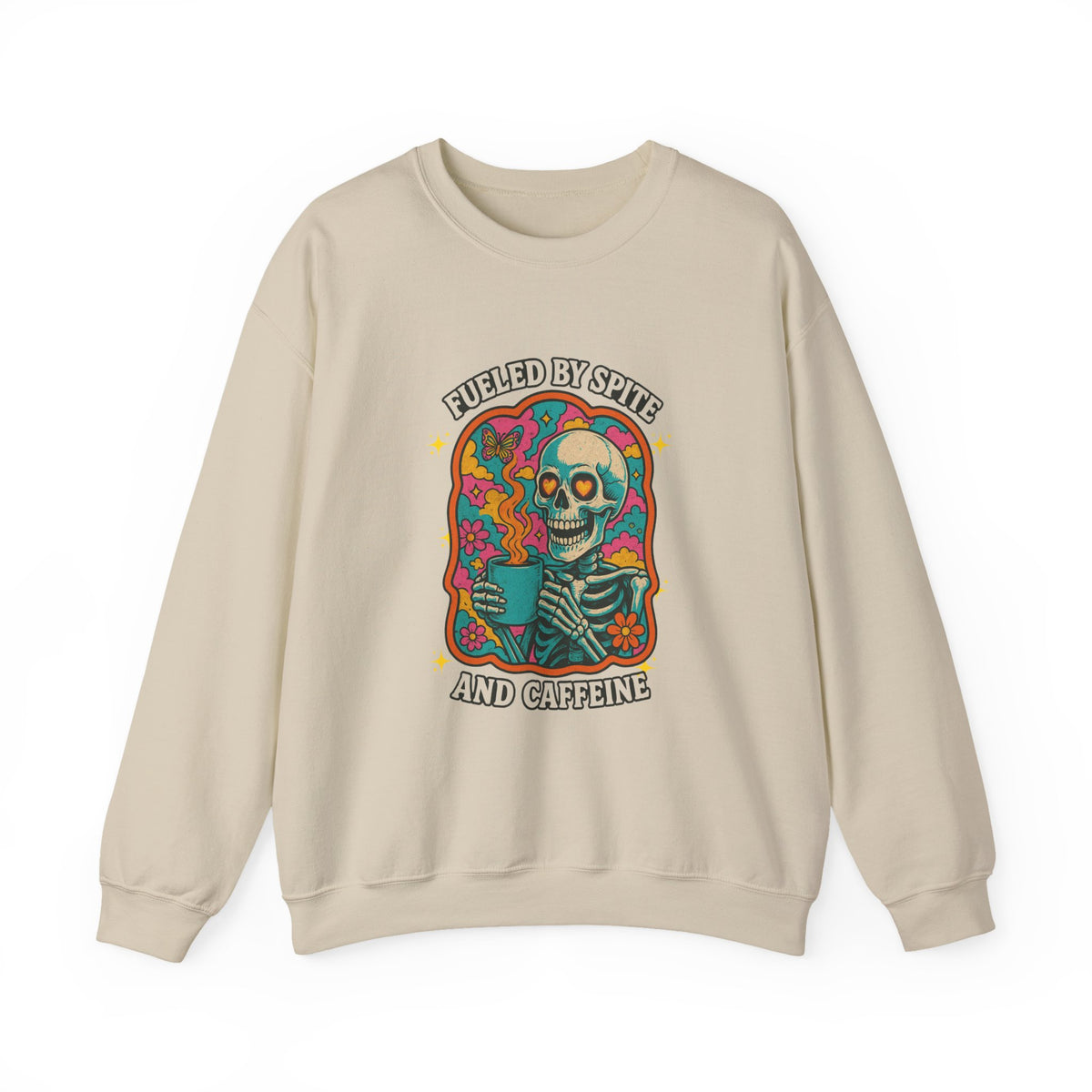 Fueled by Spite and Caffeine Sweatshirt — Retro Skeleton Coffee Crewneck
