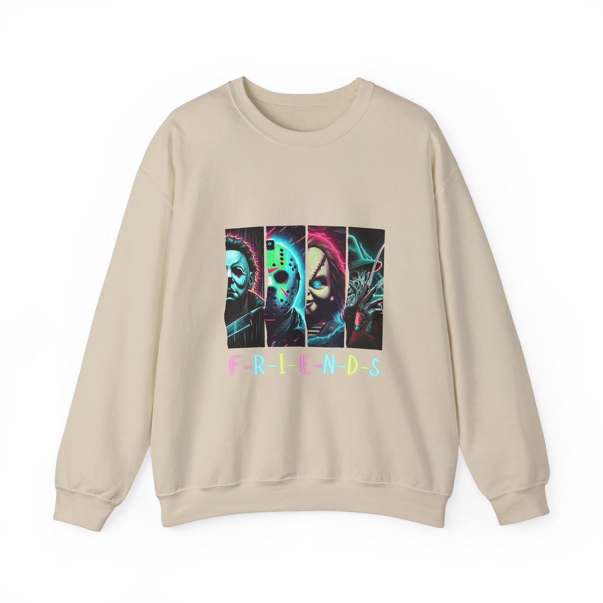 Horror Characters 'Friends' Graphic Sweatshirt – Retro Neon Slasher Crewneck