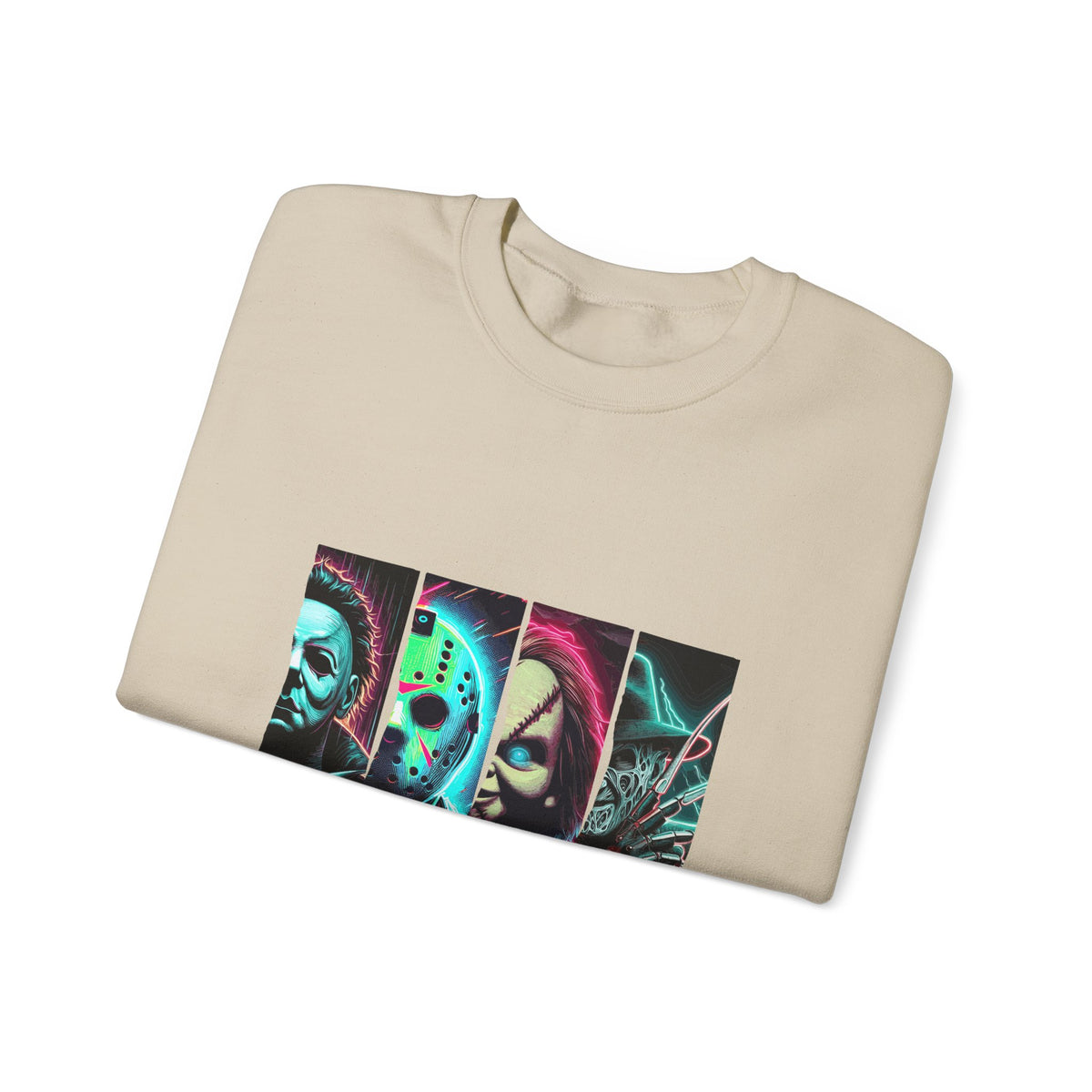 Horror Characters 'Friends' Graphic Sweatshirt – Retro Neon Slasher Crewneck