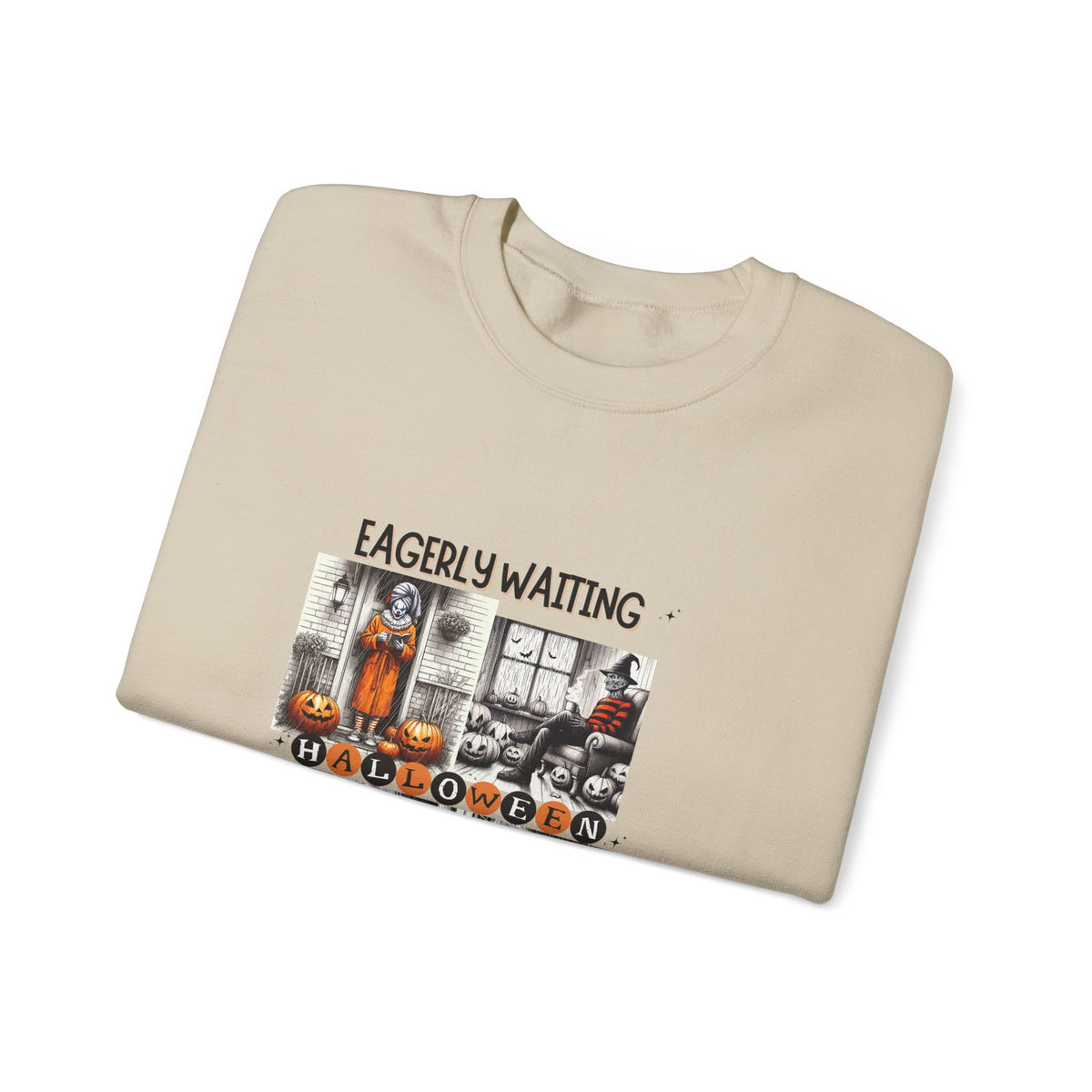 Eagerly Waiting Halloween Crewneck Sweatshirt — Vintage Haunted Collage