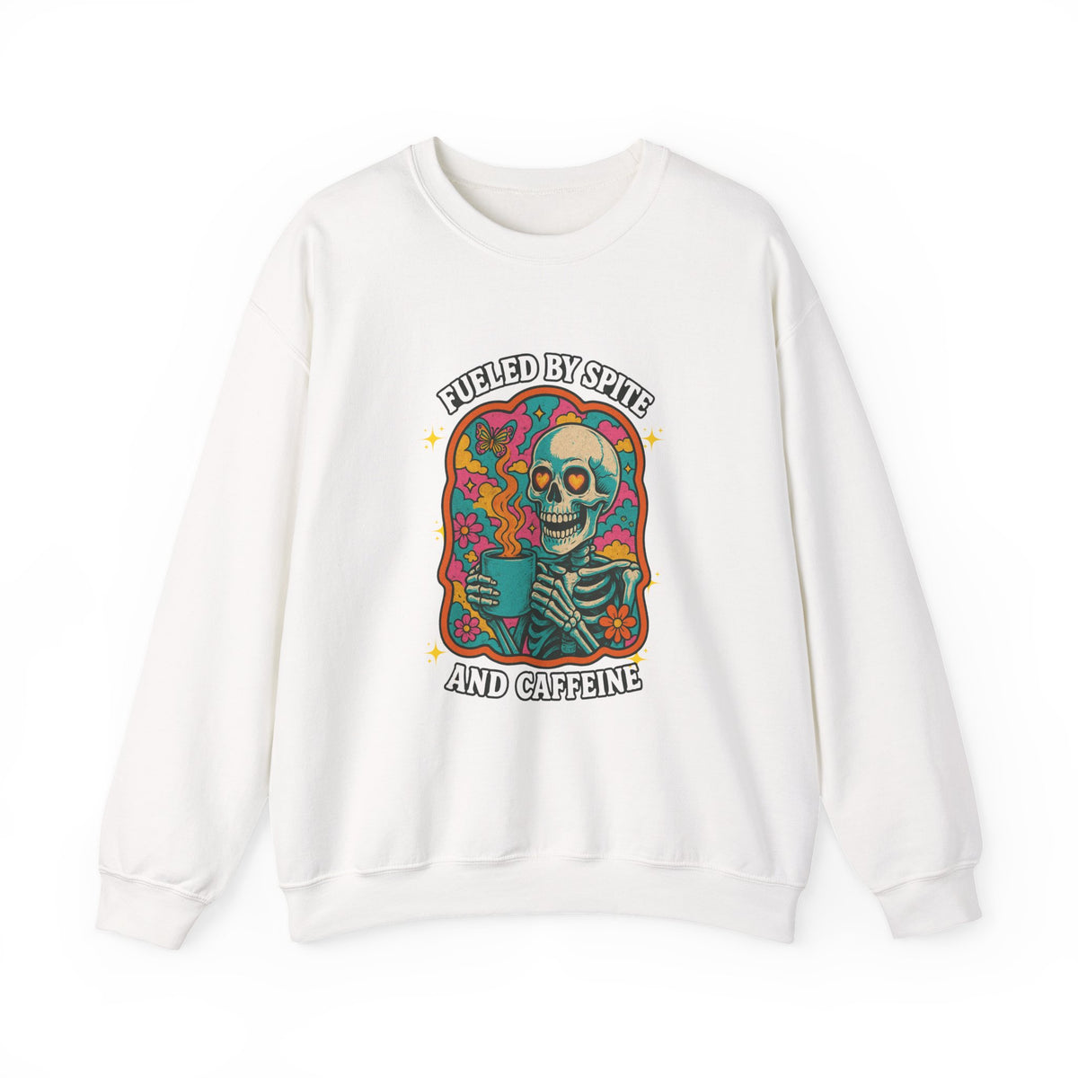 Fueled by Spite and Caffeine Sweatshirt — Retro Skeleton Coffee Crewneck