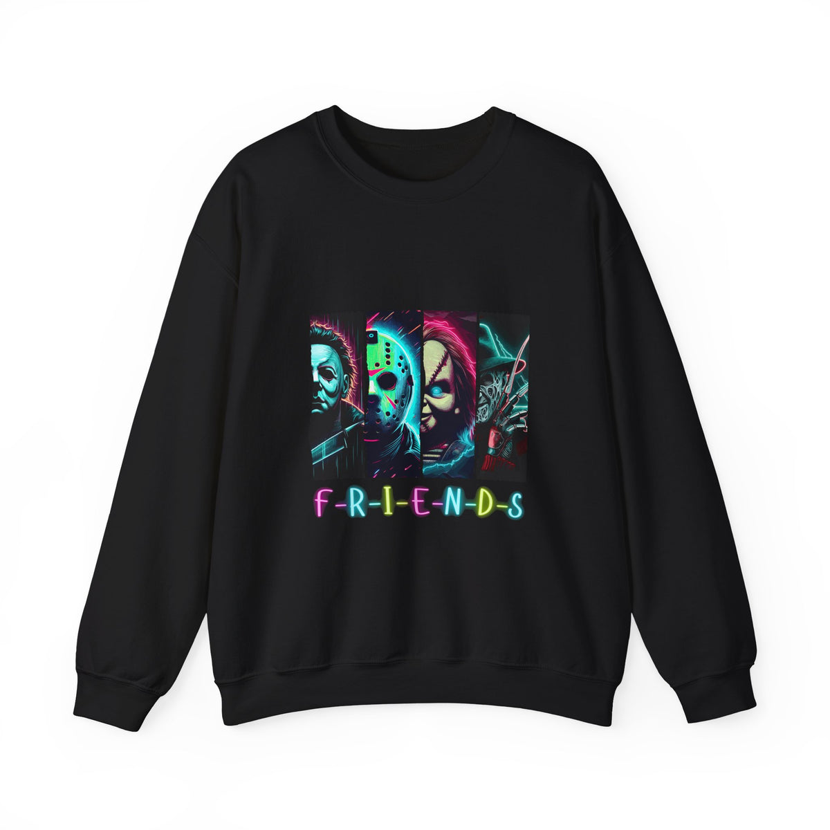Horror Characters 'Friends' Graphic Sweatshirt – Retro Neon Slasher Crewneck