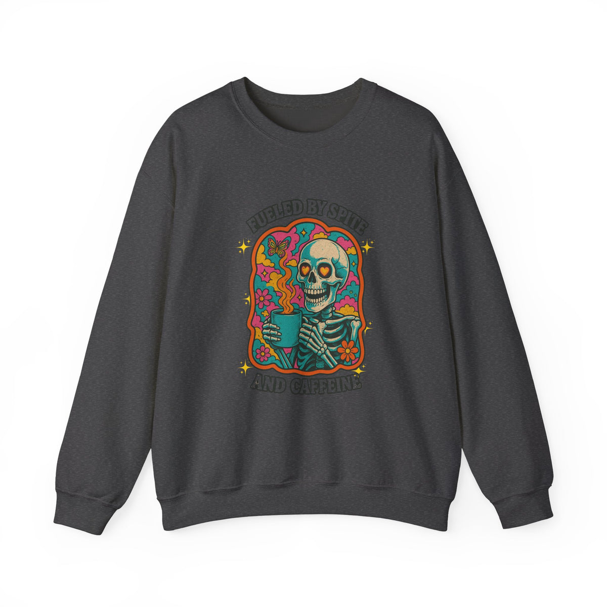 Fueled by Spite and Caffeine Sweatshirt — Retro Skeleton Coffee Crewneck