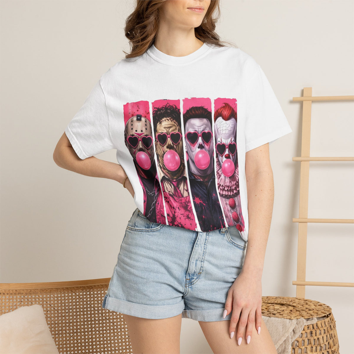 Horror Icons Bubblegum Tee — Vintage-Style Jason, Freddy, Jigsaw & Pennywise T-Shirt