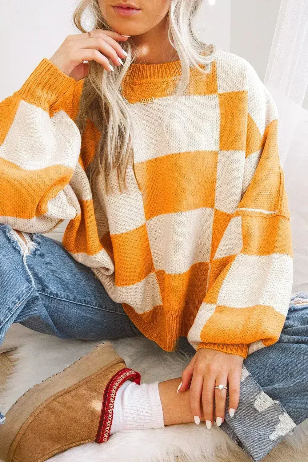 Orange Checkered Bishop Sleeve Sweater - Femstylo