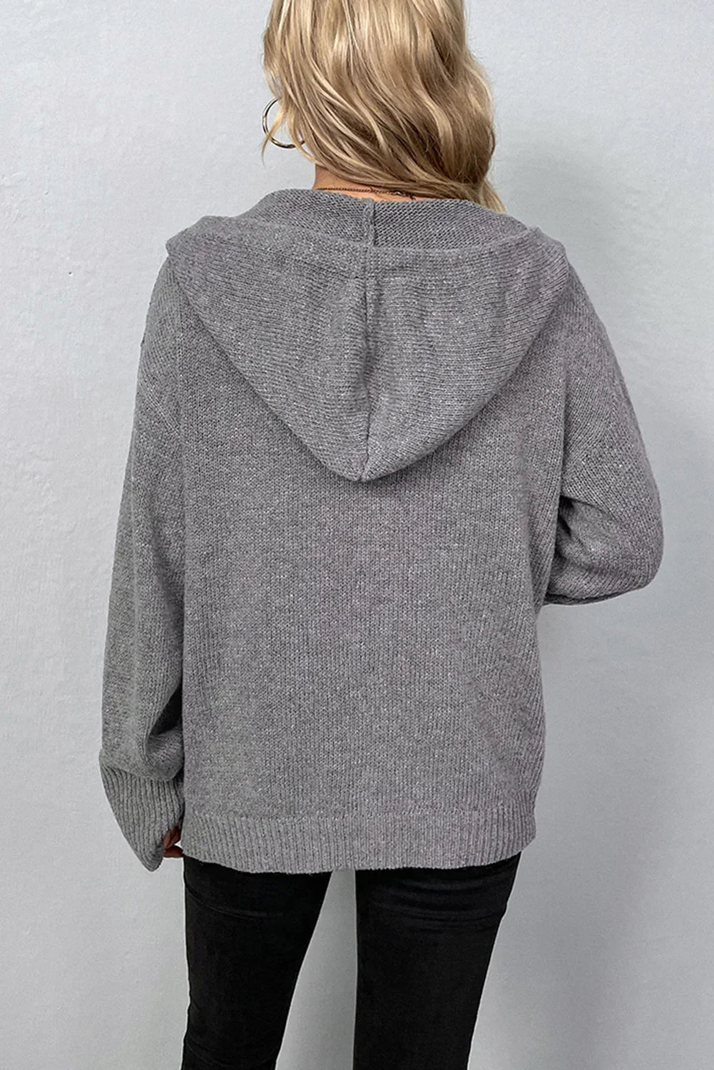 Medium Grey Hooded Button Up Drop Shoulder Sweater Cardigan