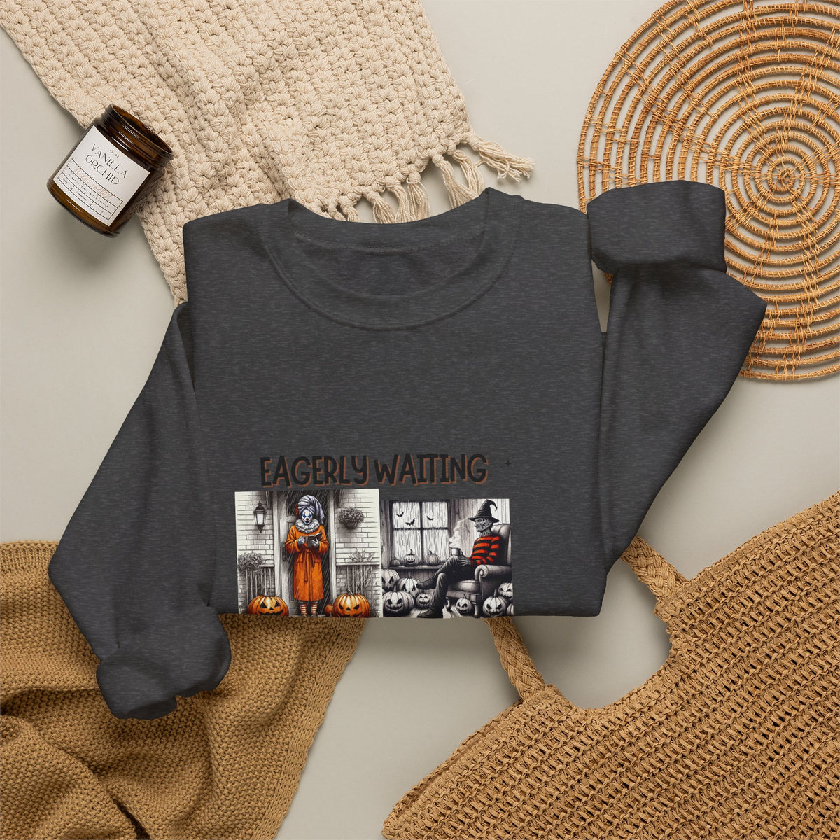 Eagerly Waiting Halloween Crewneck Sweatshirt — Vintage Haunted Collage