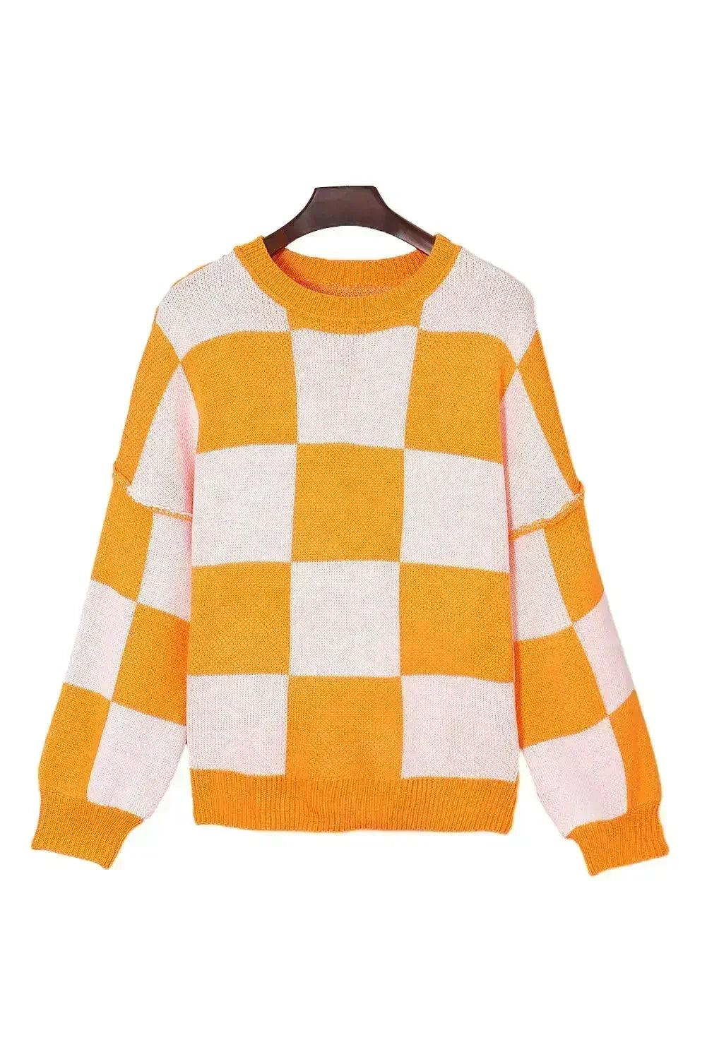 Orange Checkered Bishop Sleeve Sweater - Femstylo