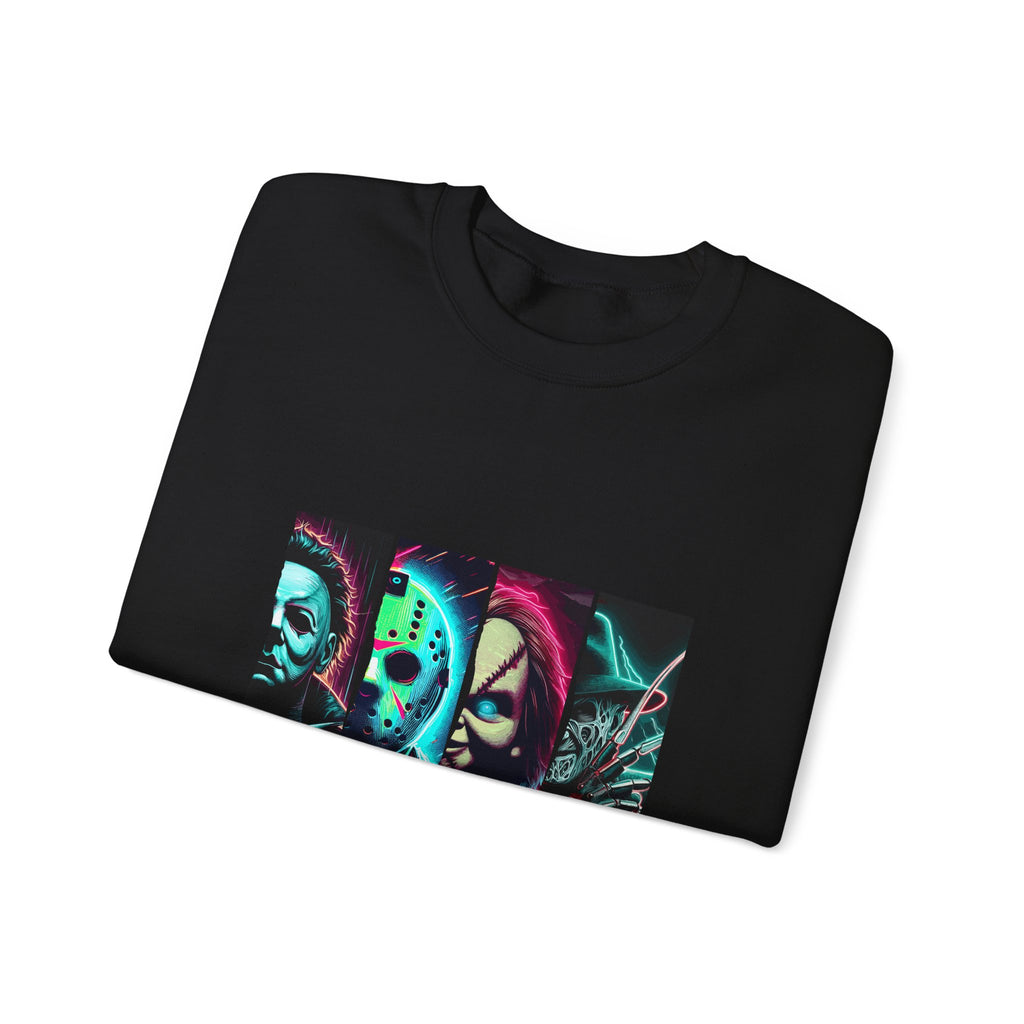 Horror Characters 'Friends' Graphic Sweatshirt – Retro Neon Slasher Crewneck