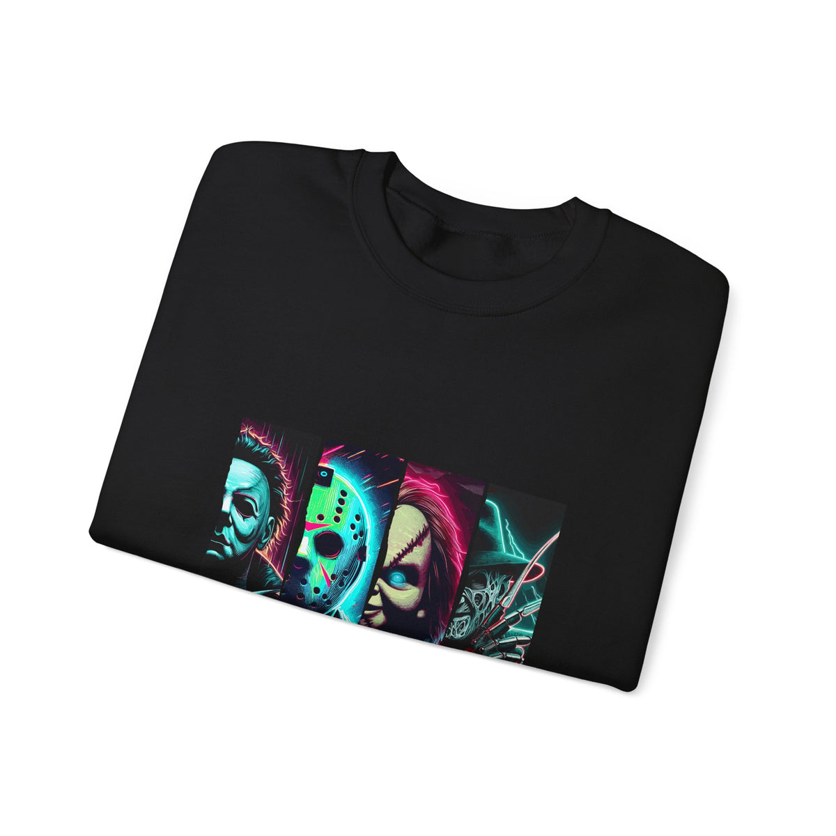 Horror Characters 'Friends' Graphic Sweatshirt – Retro Neon Slasher Crewneck