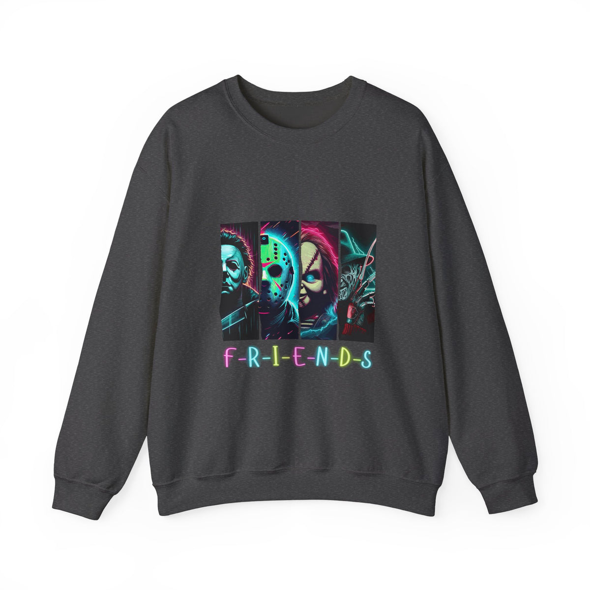 Horror Characters 'Friends' Graphic Sweatshirt – Retro Neon Slasher Crewneck
