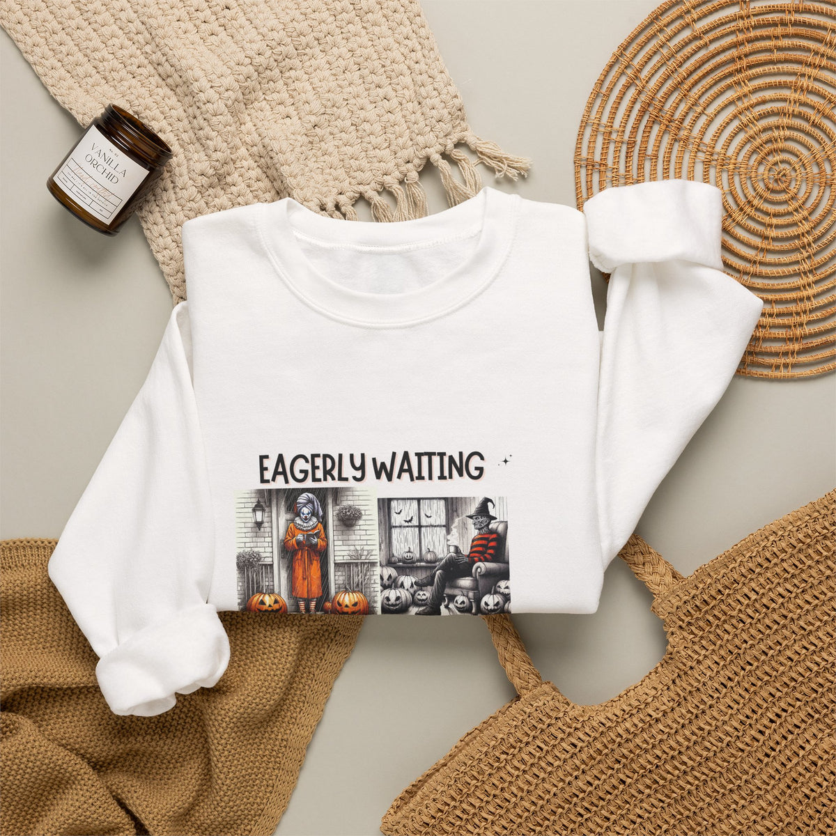 Eagerly Waiting Halloween Crewneck Sweatshirt — Vintage Haunted Collage