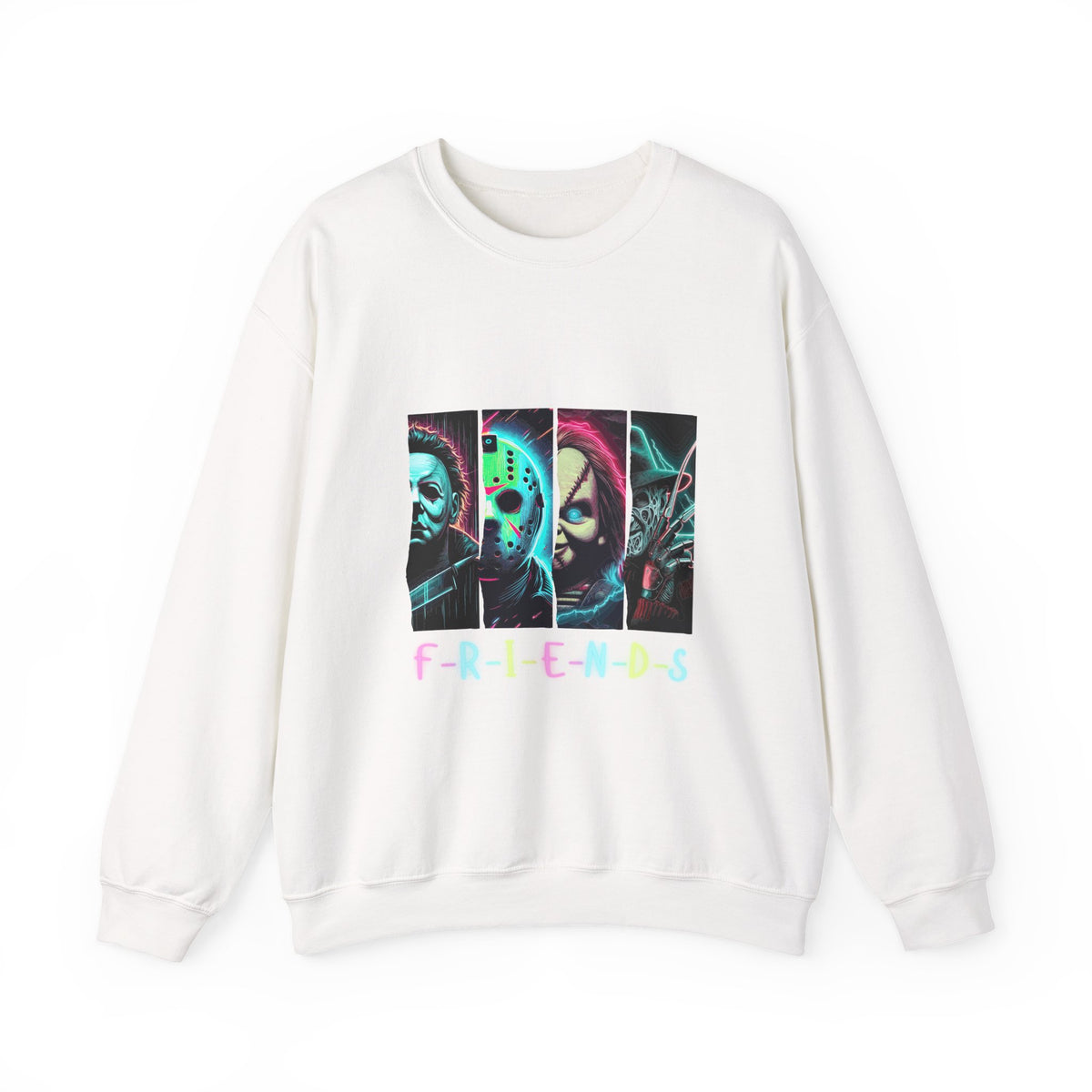 Horror Characters 'Friends' Graphic Sweatshirt – Retro Neon Slasher Crewneck