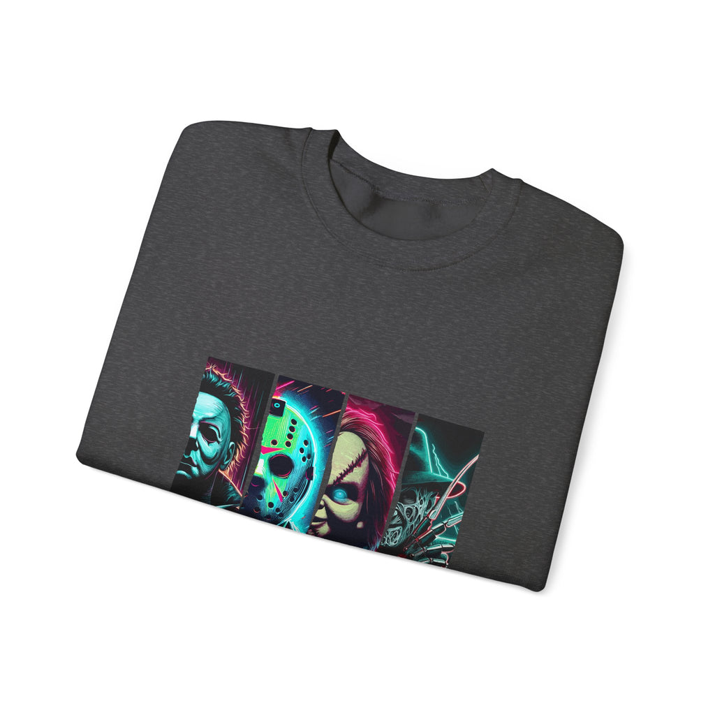 Horror Characters 'Friends' Graphic Sweatshirt – Retro Neon Slasher Crewneck