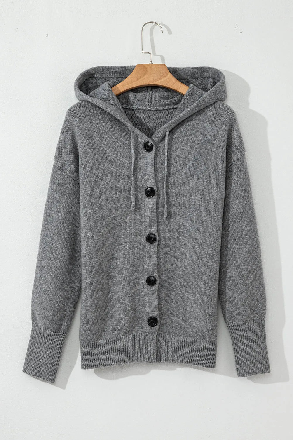 Medium Grey Hooded Button Up Drop Shoulder Sweater Cardigan