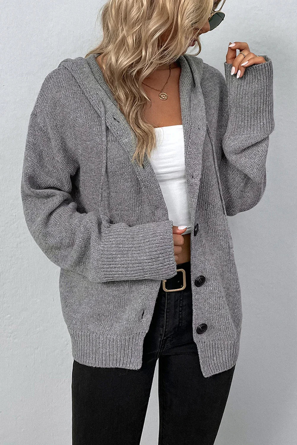 Medium Grey Hooded Button Up Drop Shoulder Sweater Cardigan